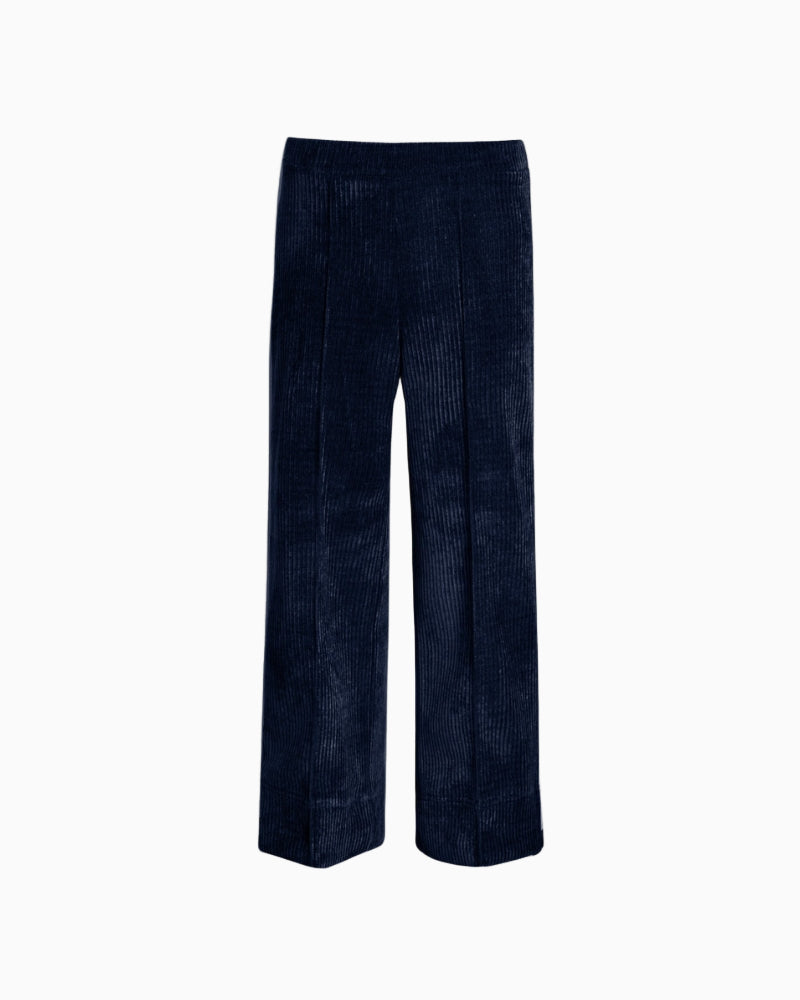 Vilagallo navy corduroy trousers with straight leg, centre front seams and back patch pockets