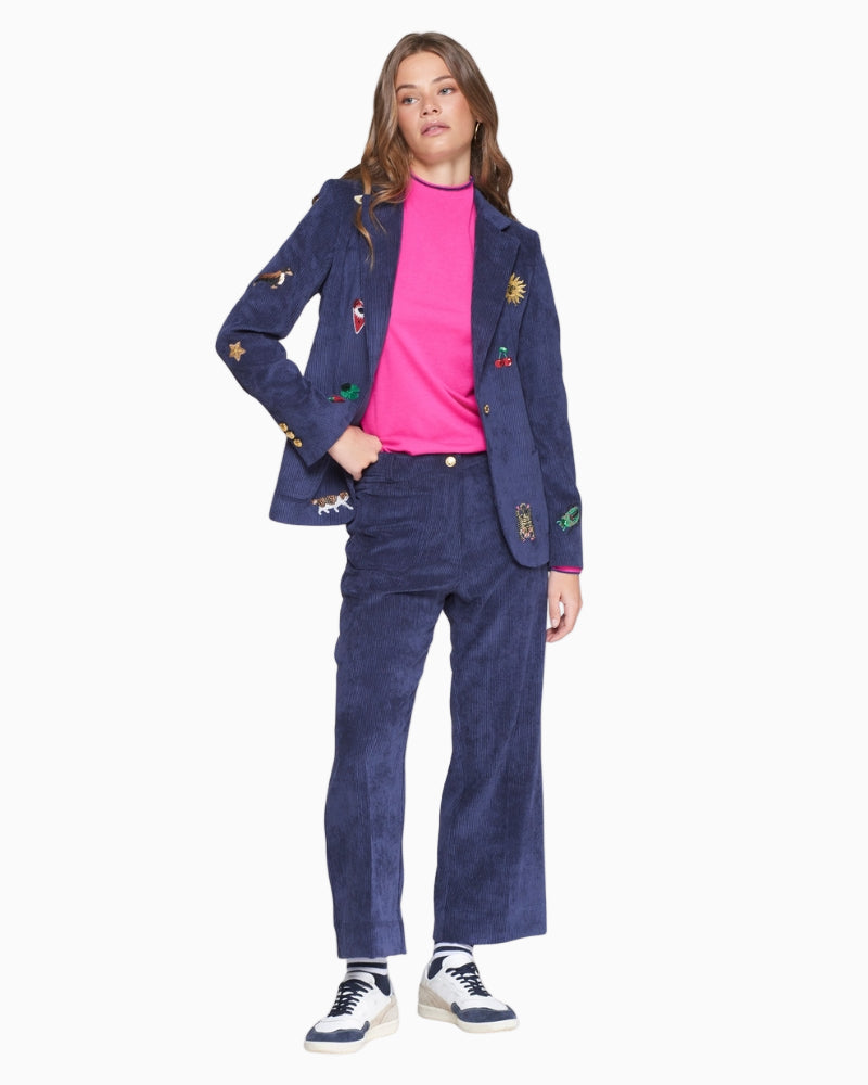 Front view of Vilagallo navy corduroy straight-leg trousers