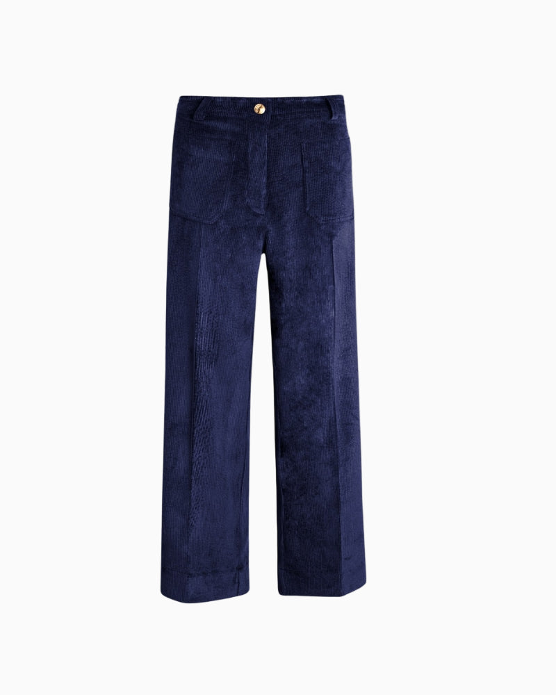 Close-up of wide-rib corduroy fabric in navy blue