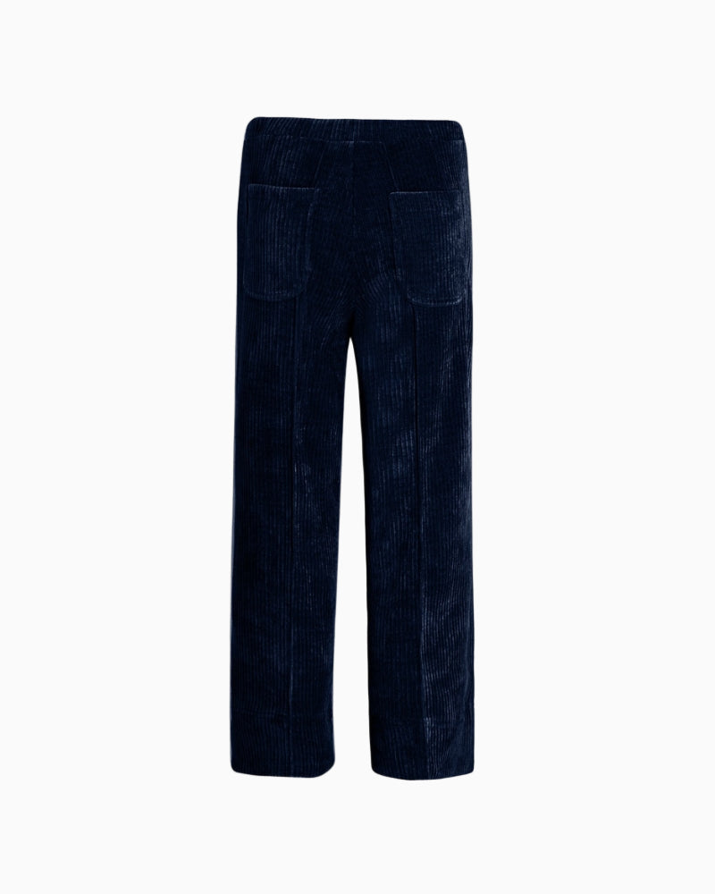 Back view of navy corduroy trousers by Vilagallo showing structured rib texture and wide hem