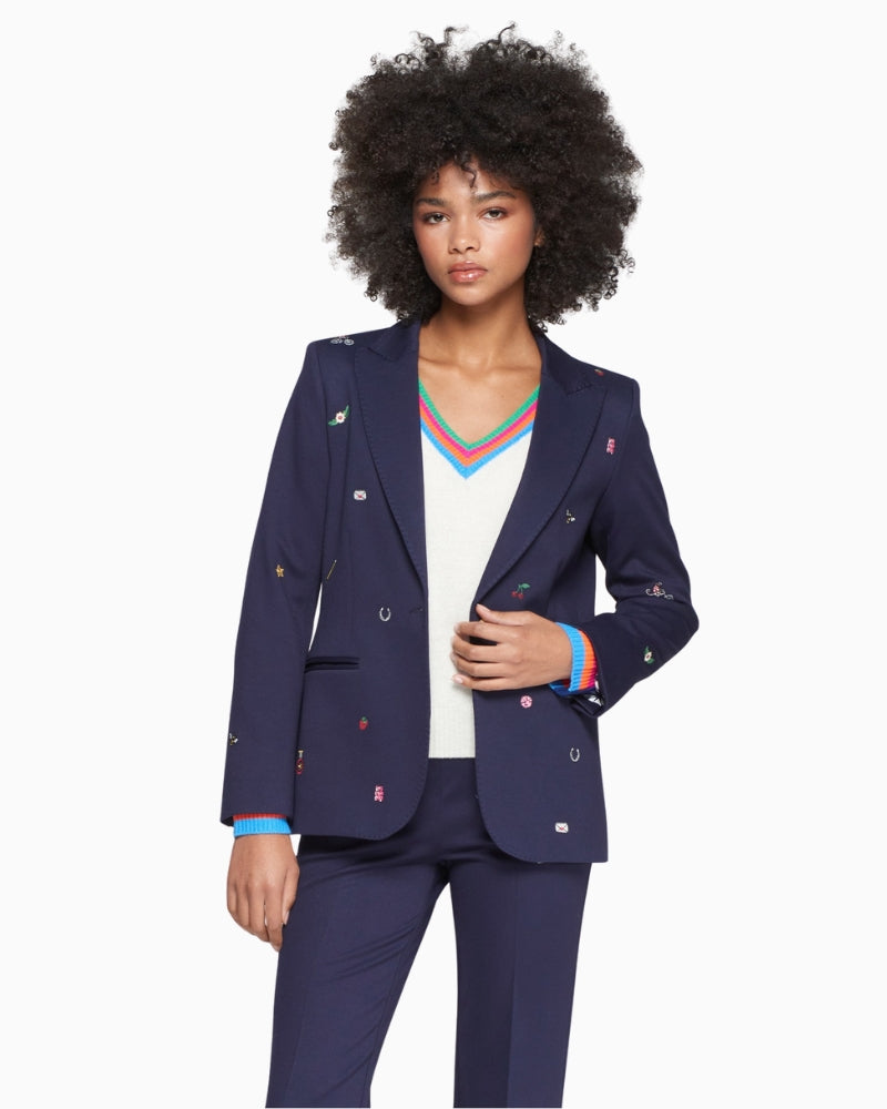 Navy double-breasted Vilagallo blazer with colourful embroidery, front view