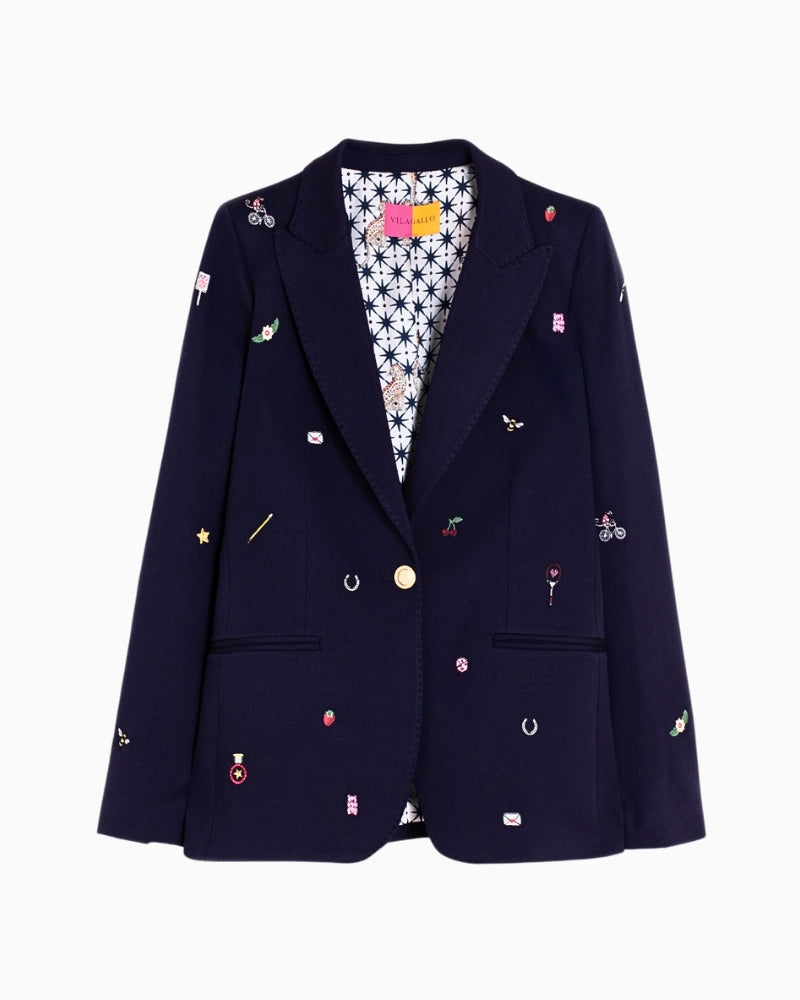Flat lay front view of Vilagallo blazer highlighting gold buttons and welt pockets