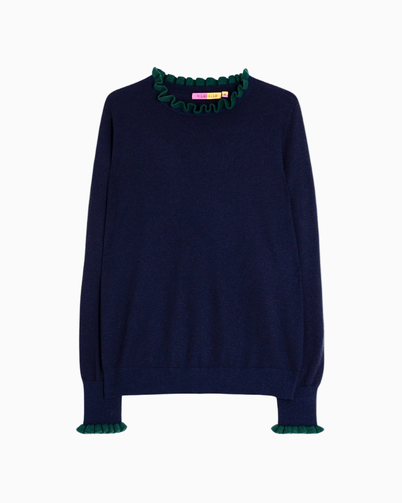 Navy wool blend jumper by Vilagallo with green ruffle detail on neckline and cuffs