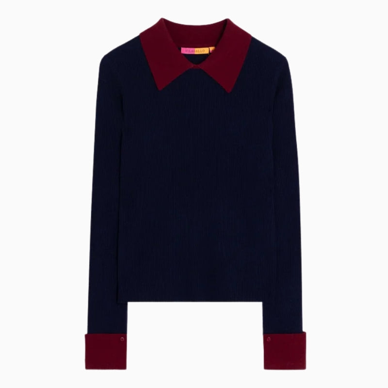 Vilagallo Navy Ribbed Jumper Burgundy Neck in Navy ribbed knit detail