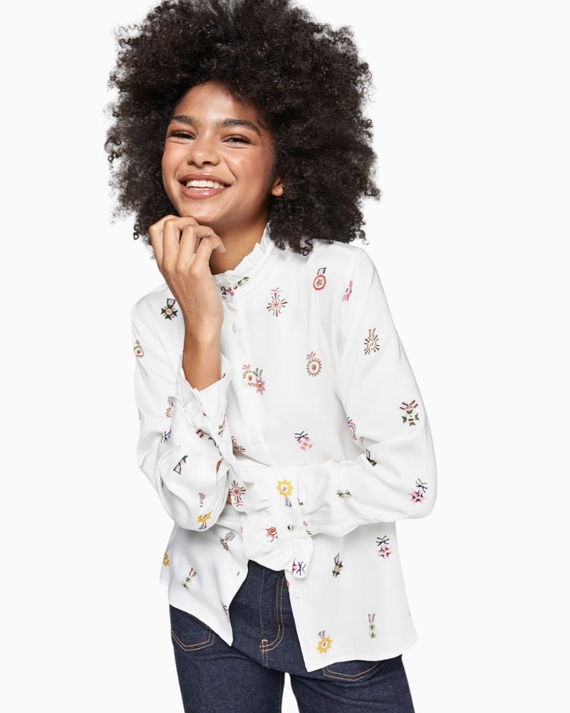 Vilagallo Nicola shirt in off white with multicolour rosette print, front view