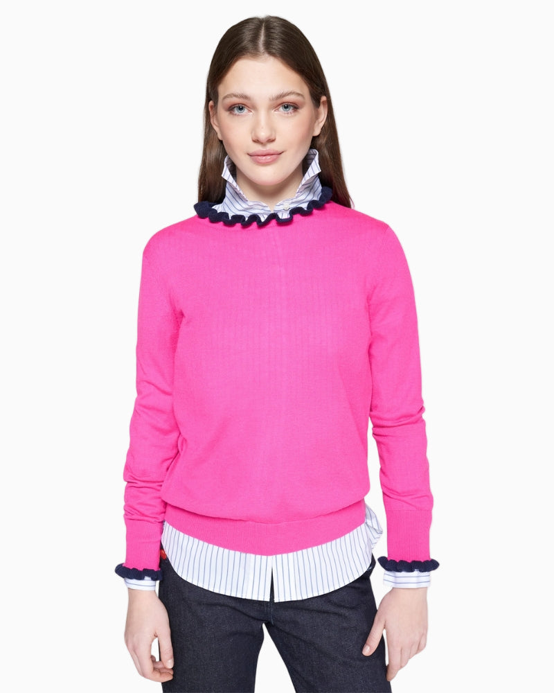 Front view of Vilagallo fuchsia sweater with navy ruffle neckline