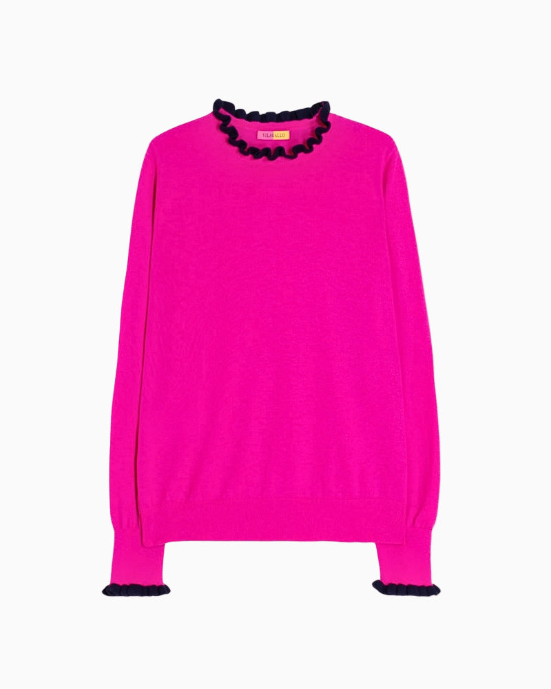 Flat lay front view of pink knit sweater with ruffle trim