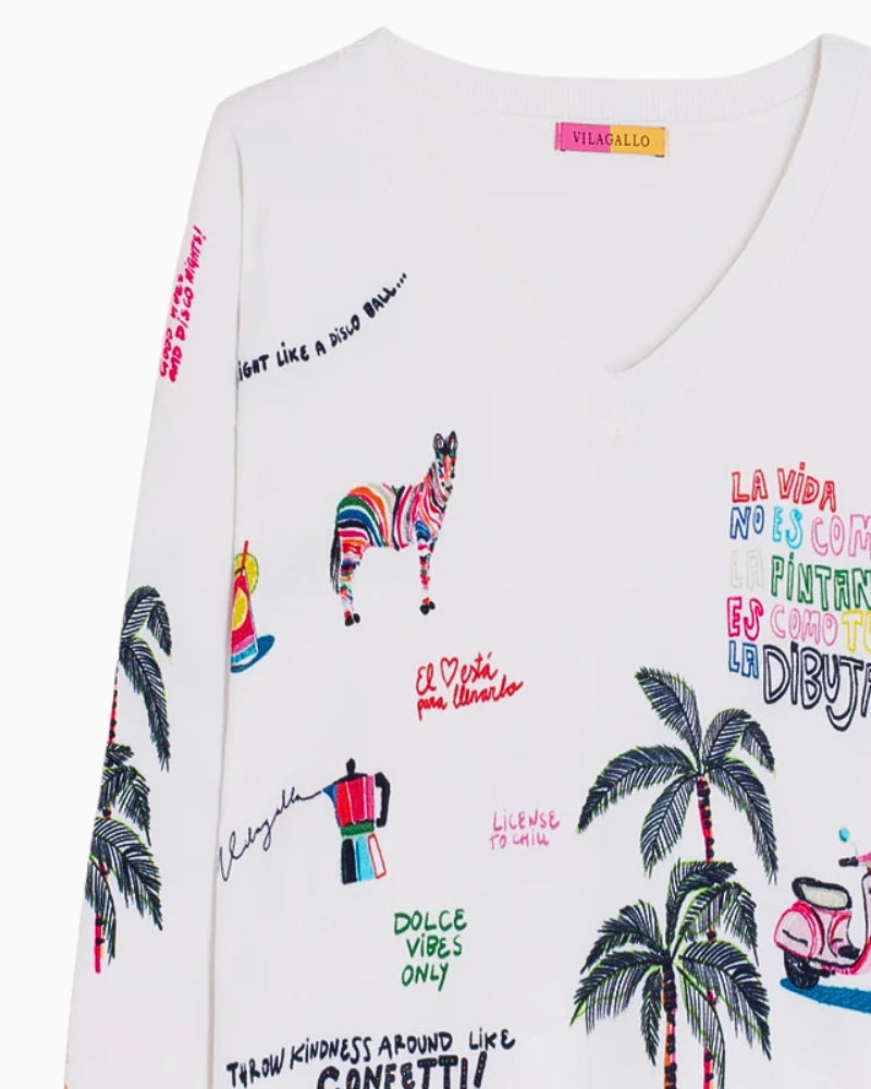 Vilagallo printed V-neck knit white print detail – Áines Boutique