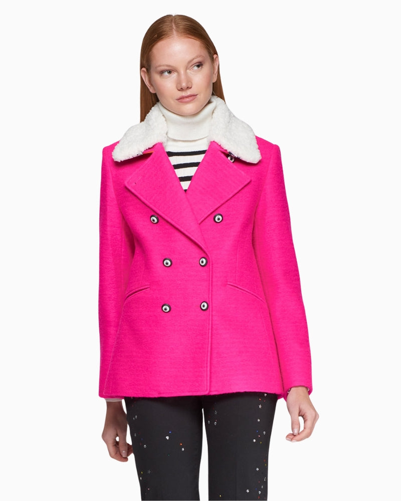 Pink wool-blend jacket with detachable white sherpa collar, front view