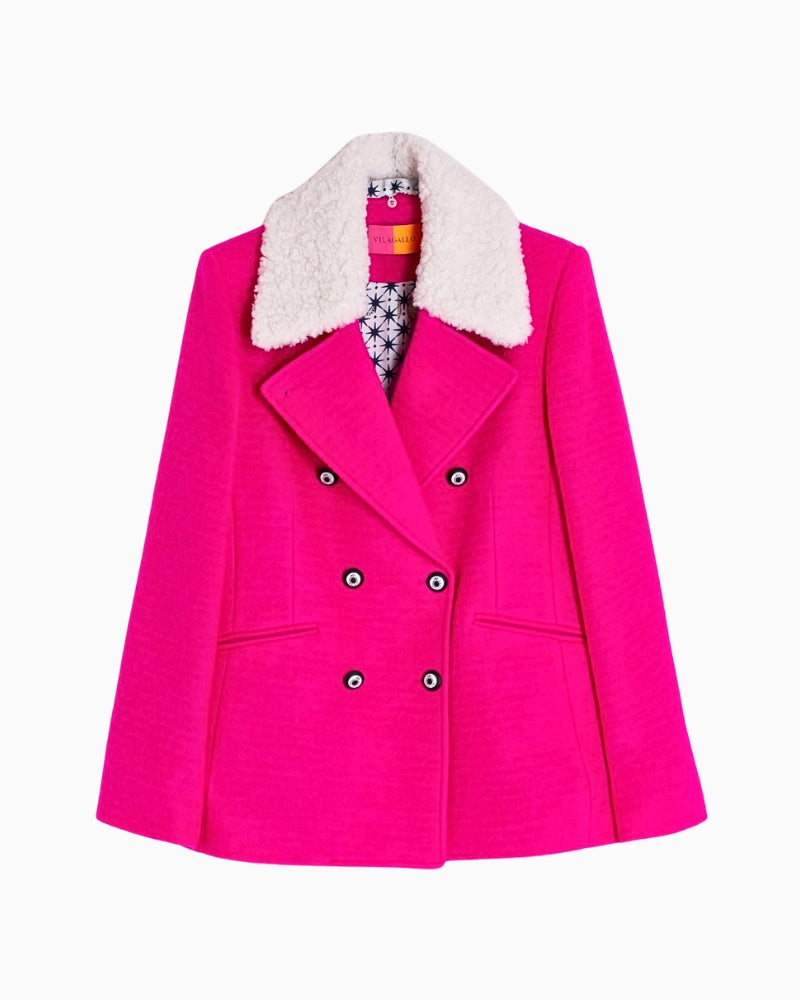 Flat lay front view of cropped pink jacket showing straight hem and angled pockets