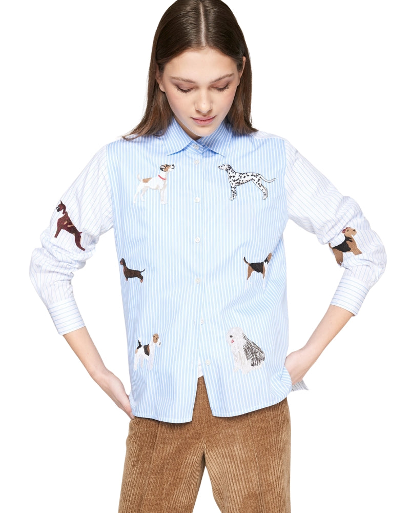 Front view of Vilagallo blue striped cotton shirt with dog embroidery and classic collar