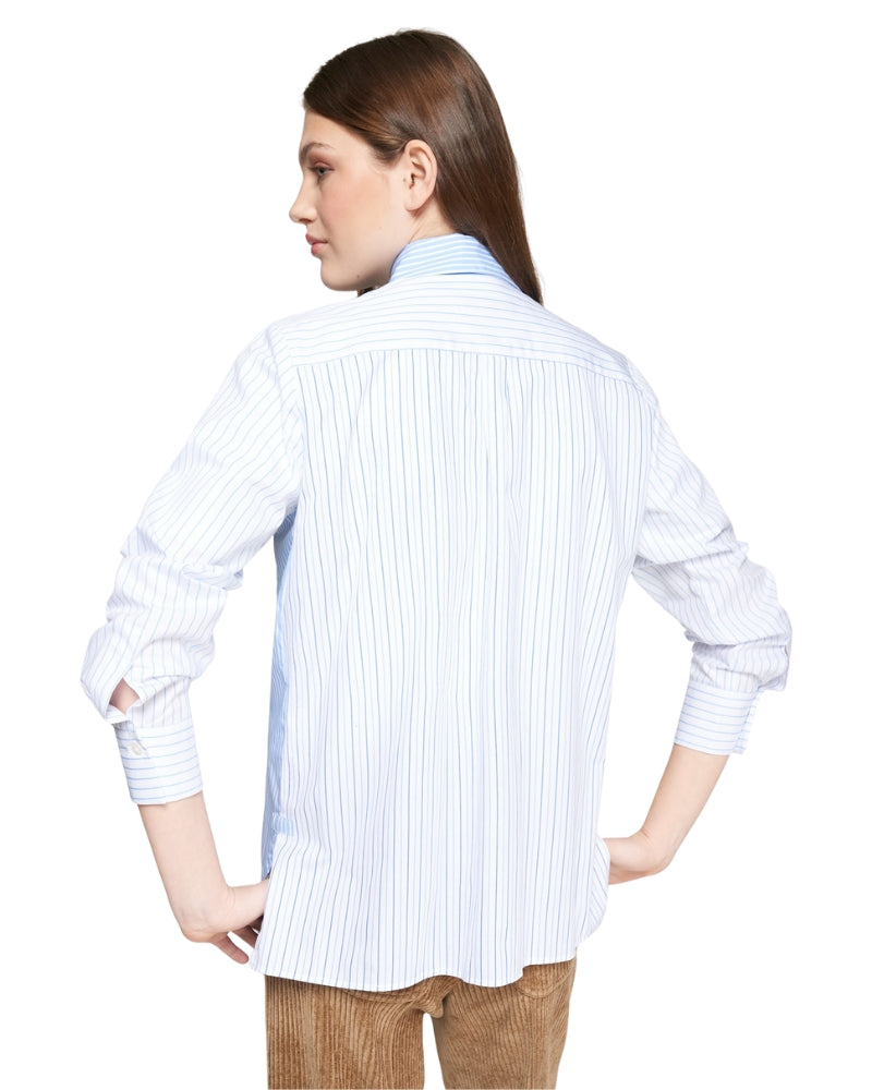 Back view of Vilagallo striped cotton shirt showing straight fit and long sleeves
