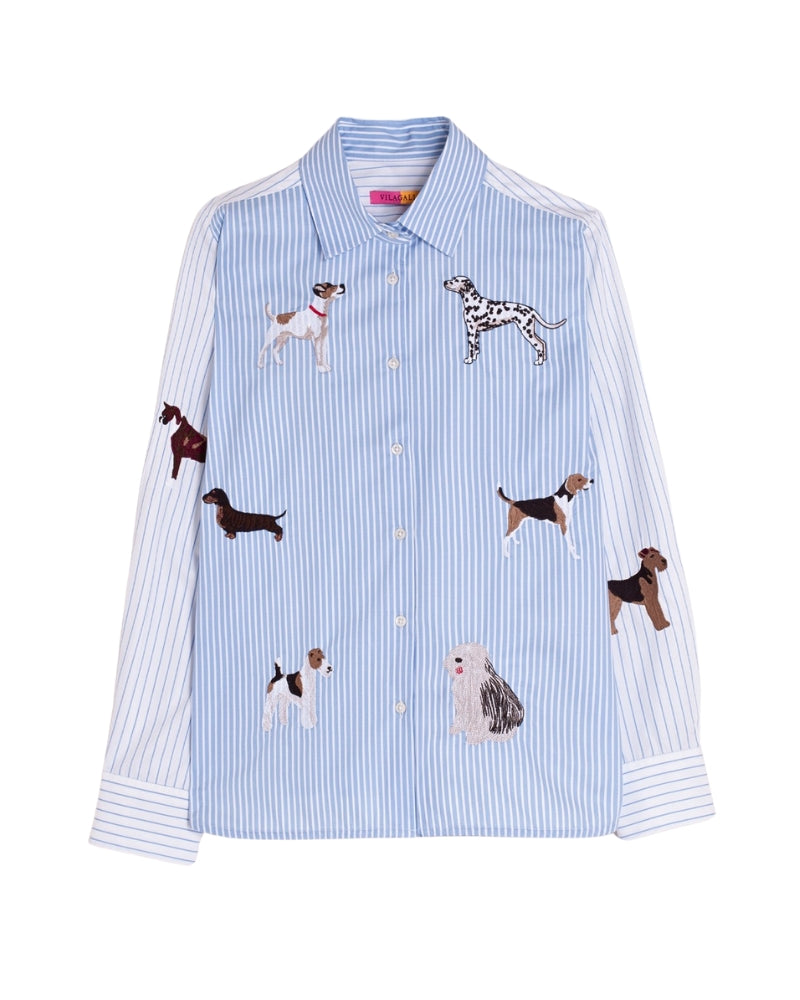 Close-up of embroidered dog motif on striped cotton shirt by Vilagallo