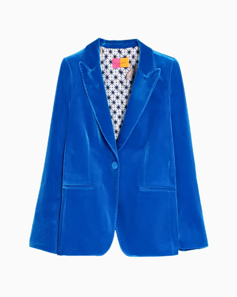 Flat lay front view of tailored turquoise velvet jacket with smooth finish