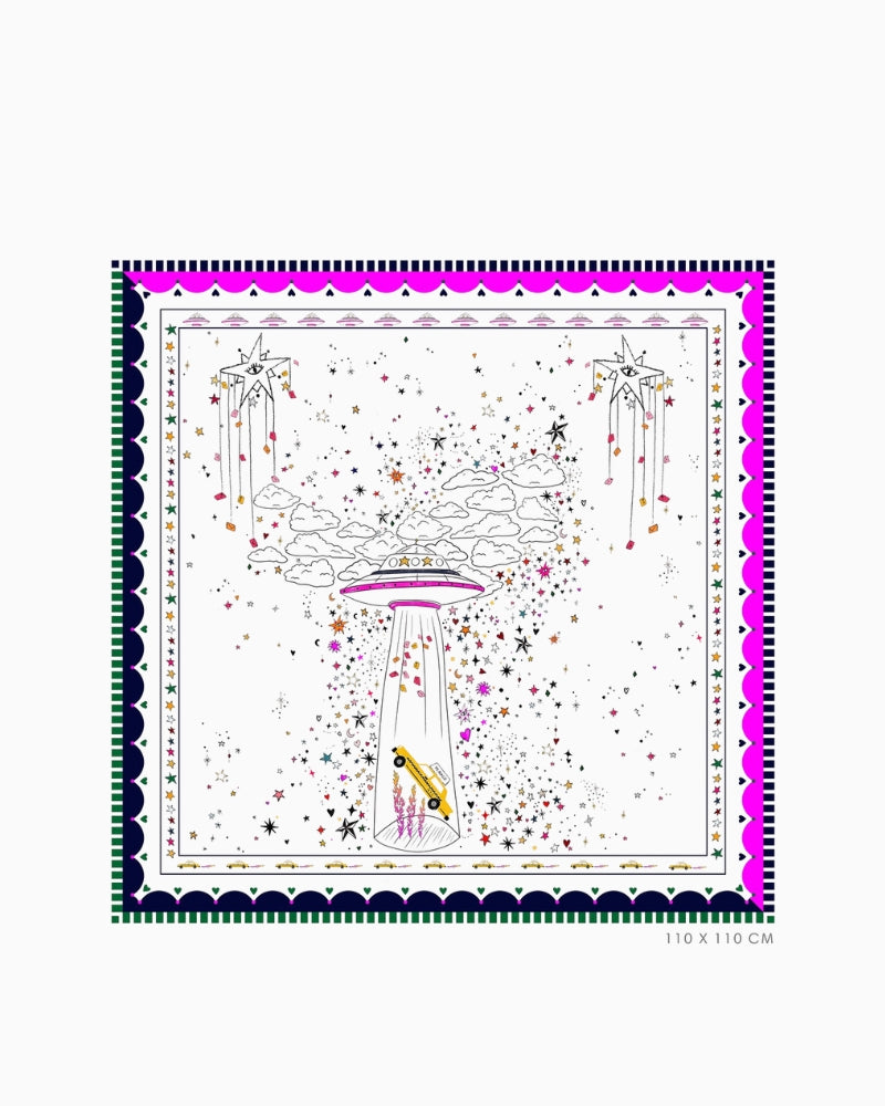 Close-up of colourful galaxy design on silk scarf