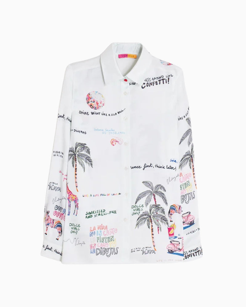 Vilagallo White Shirt with Quirky Print collar detail