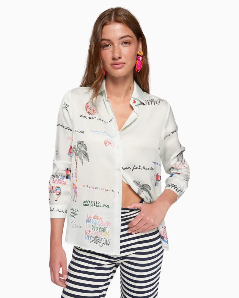 Vilagallo White Shirt with Quirky Print front view with palm tree and phrase print