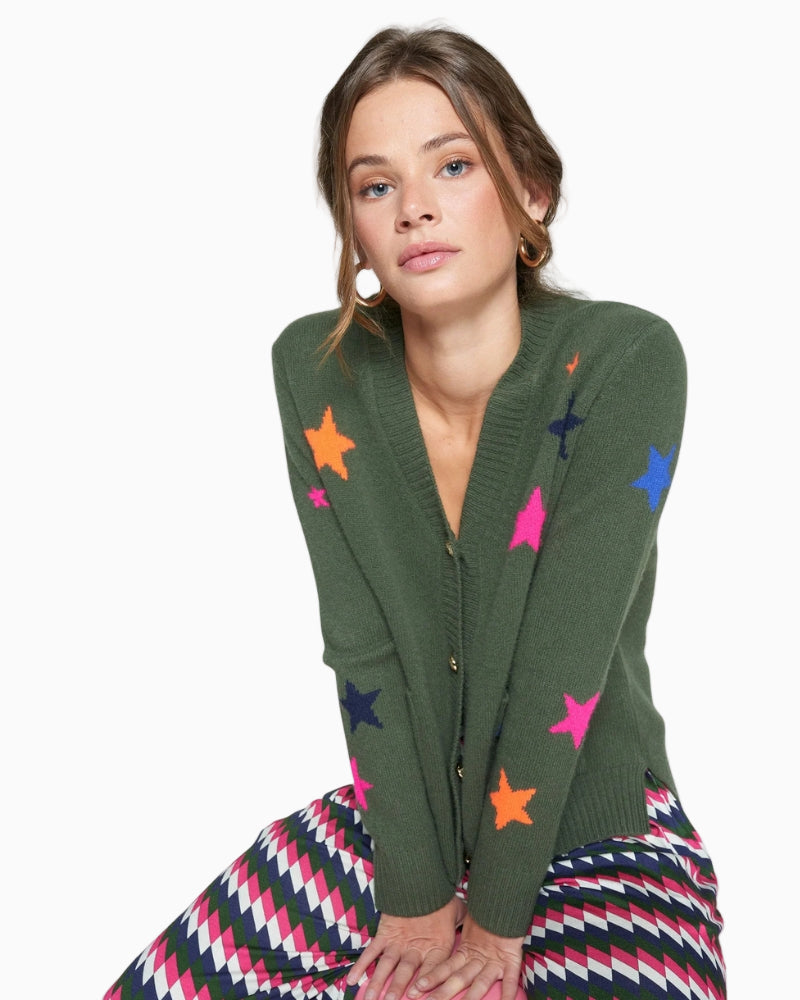 Vilagallo khaki wool cardigan with multicoloured star pattern V neckline gold buttons and patch pockets