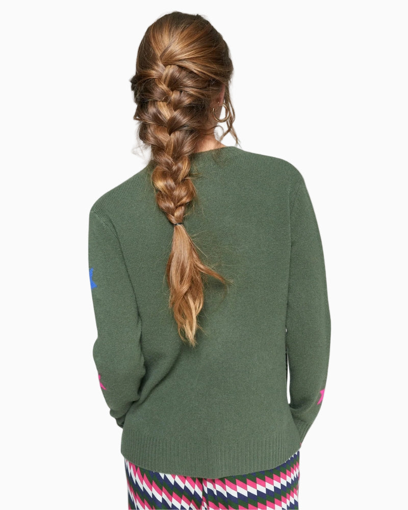 Back of Vilagallo khaki wool cardigan with multicoloured stars long sleeves and soft lightweight knit