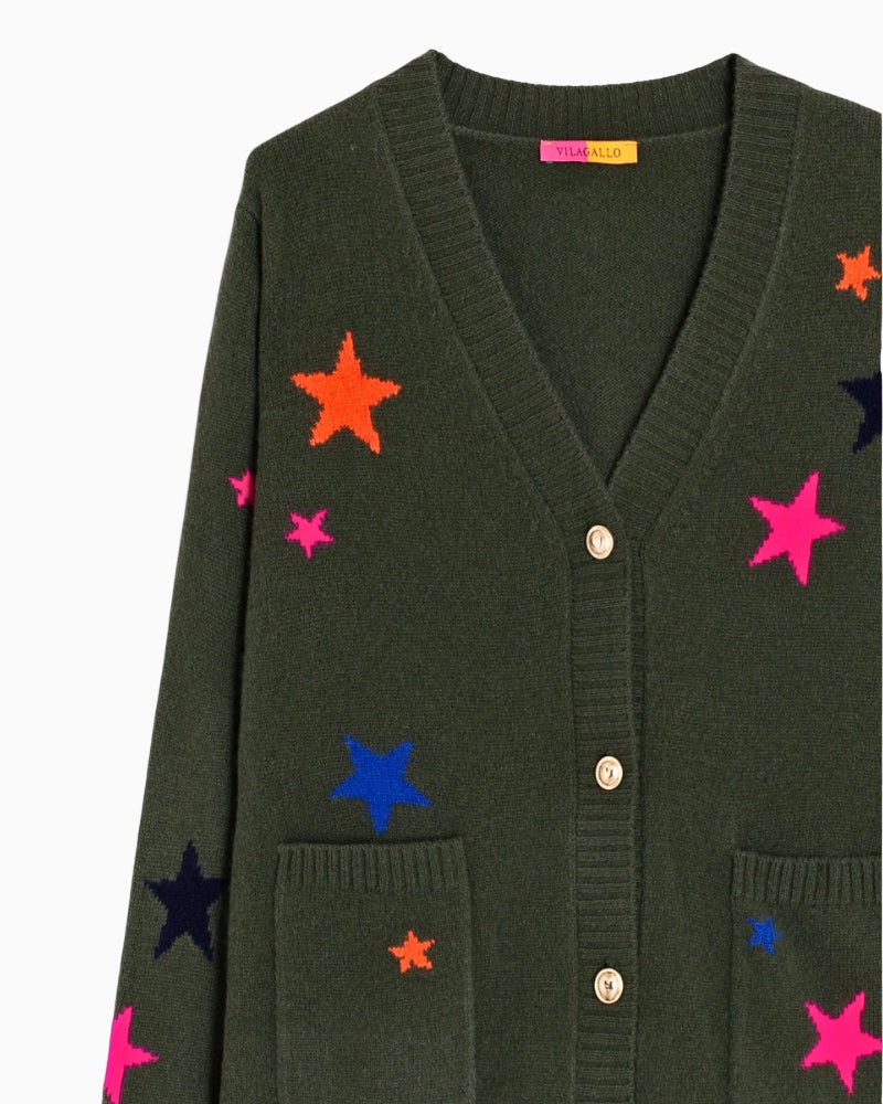 Close up of Vilagallo cardigan showing gold button detail star design and pure wool knit texture