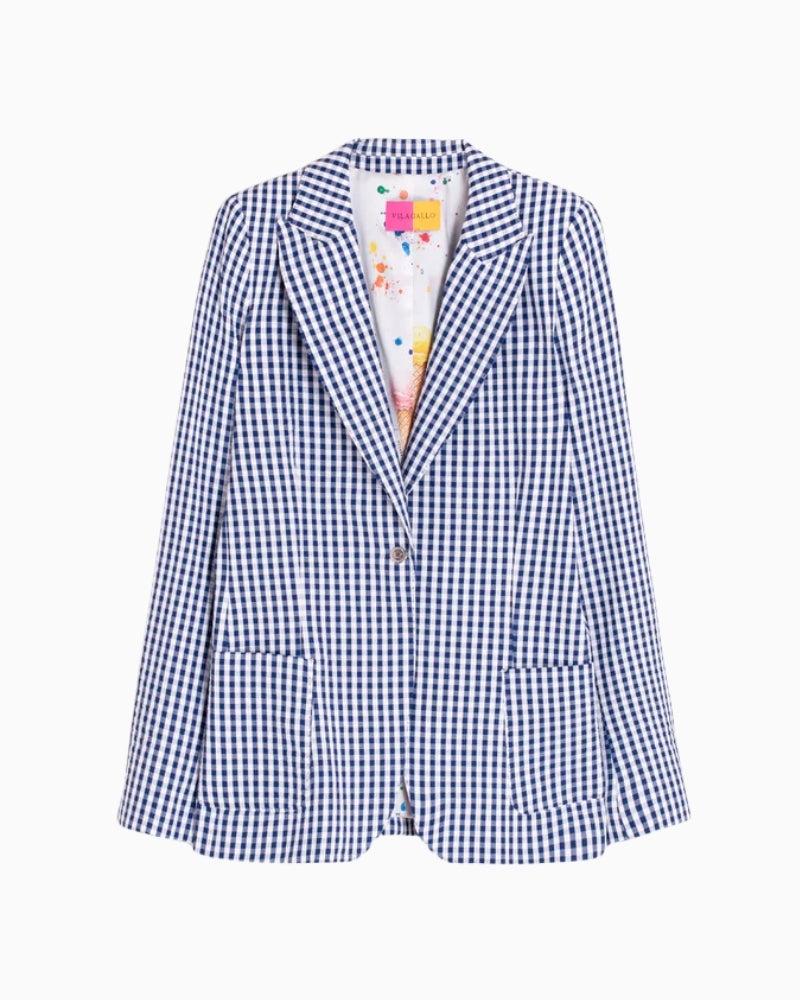 Vilagallo blue and white gingham blazer front view