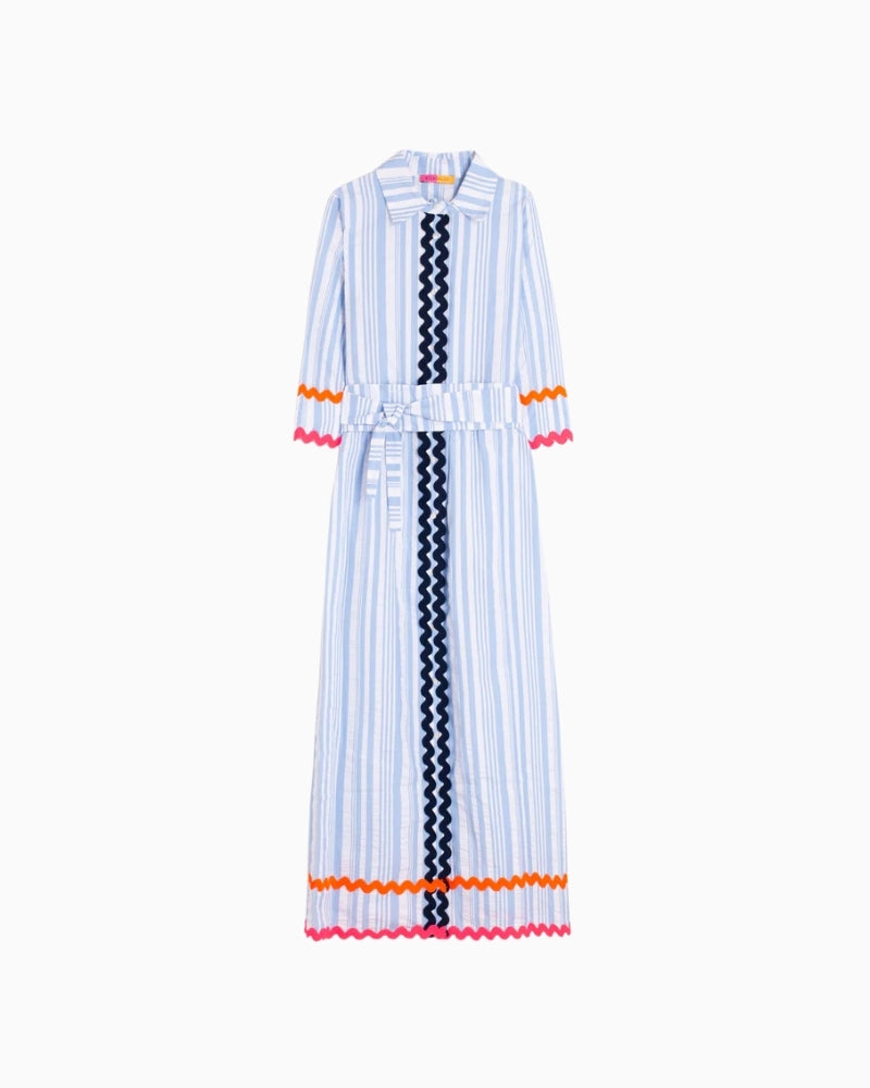 Vilagallo blue striped shirt dress with ric rac trim full view
