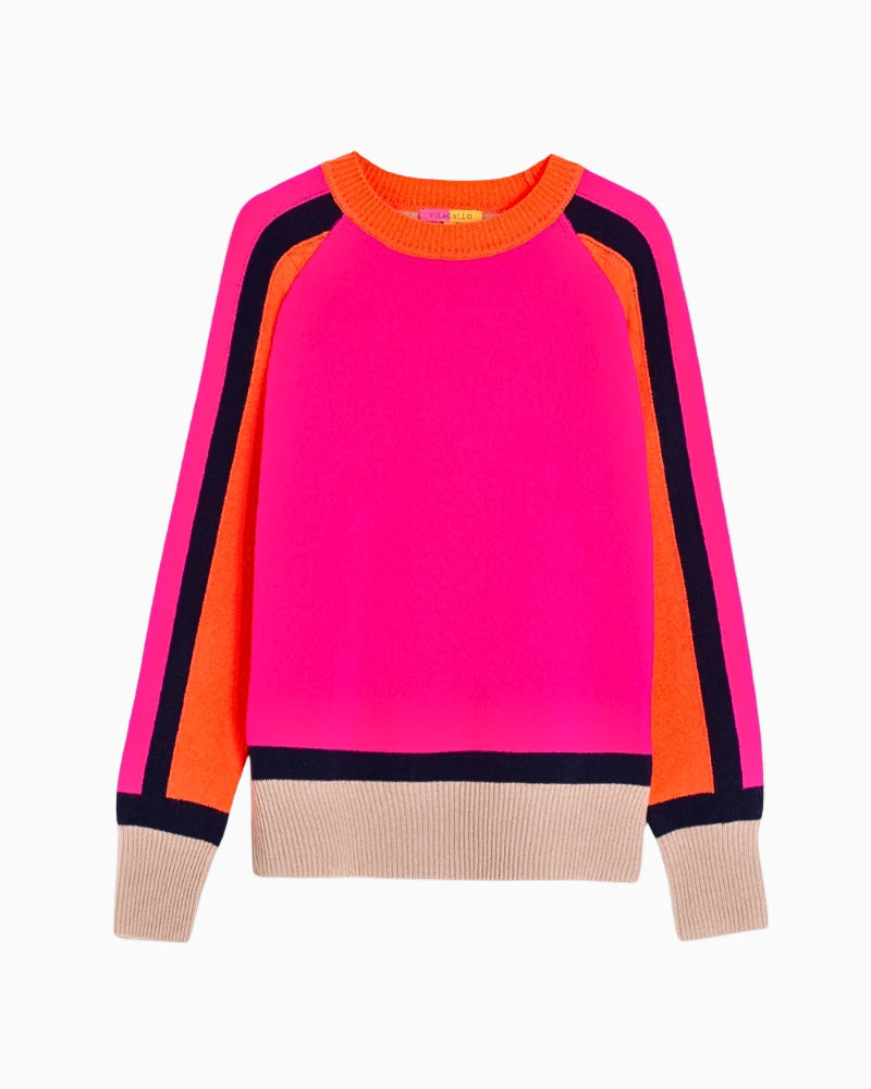 Front view of Vilagallo knit on model, relaxed silhouette and soft drape visible