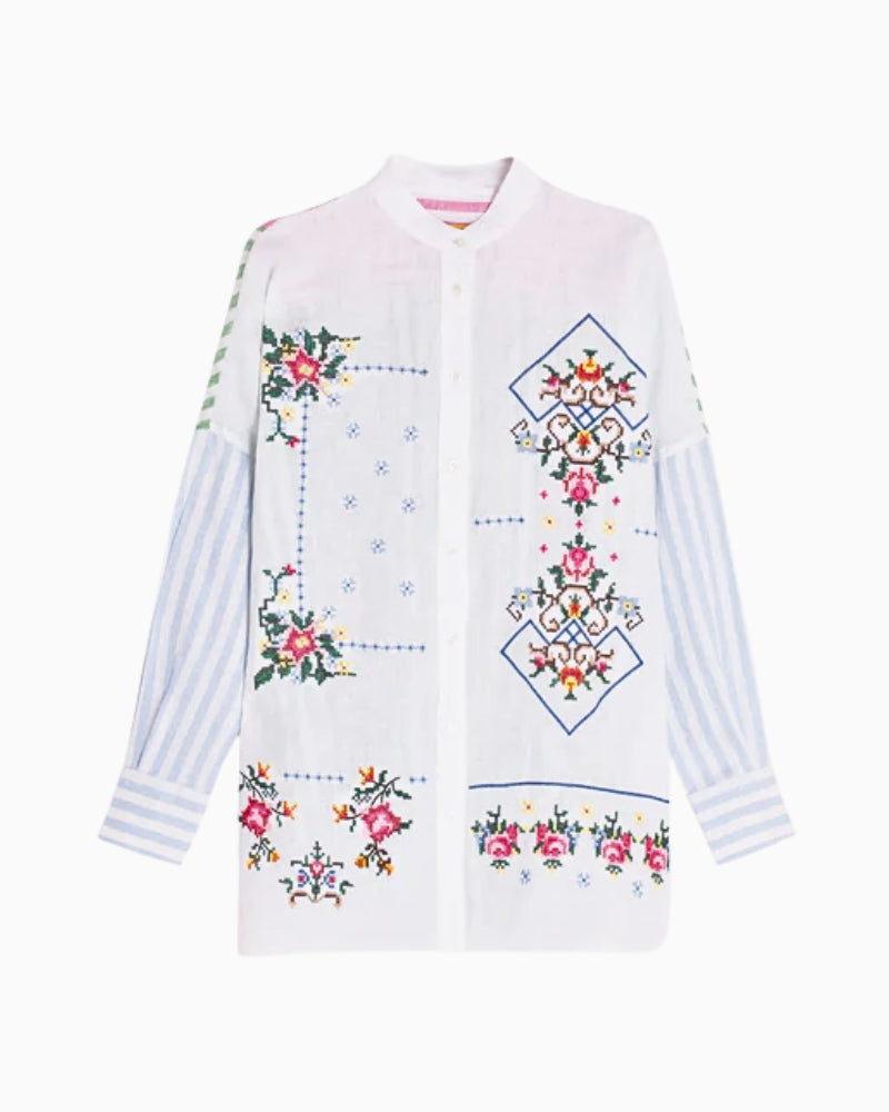 Vilagallo embroidered shirt white multi embroidery close-up