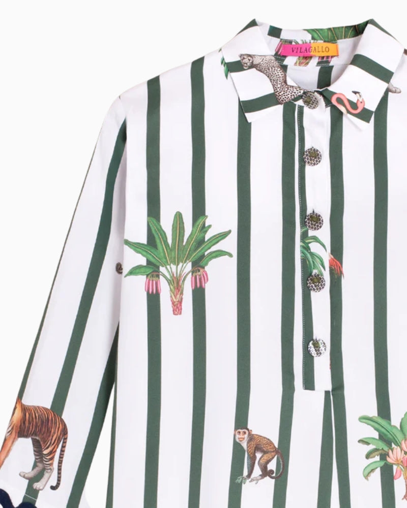 Vilagallo green striped safari dress front view animal print detail