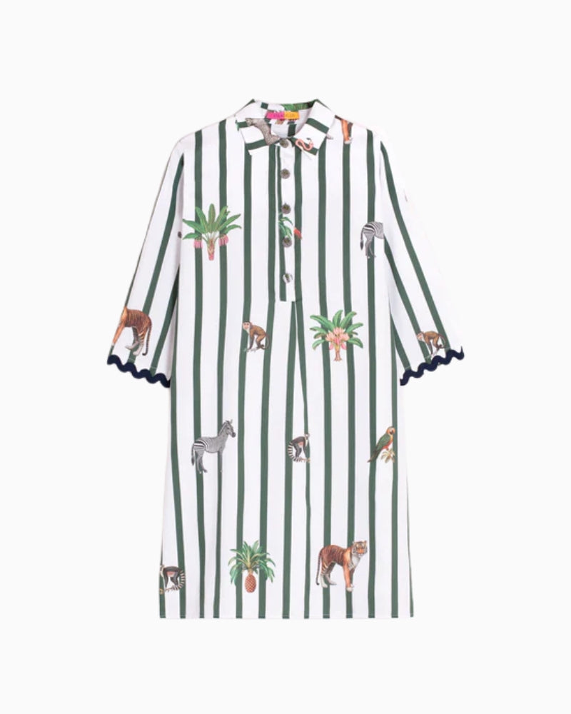 Vilagallo green striped safari dress front view animal print detail