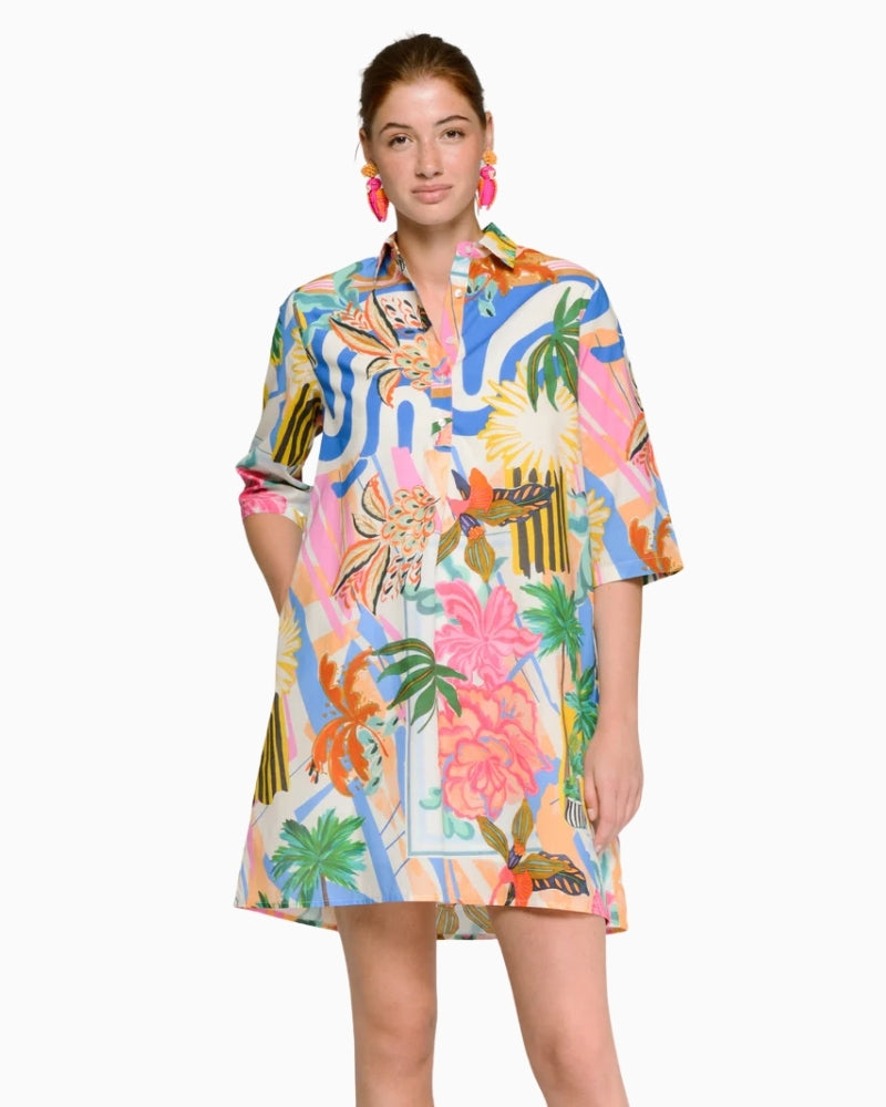 Vilagallo multicolored palm tree print short dress front view on model