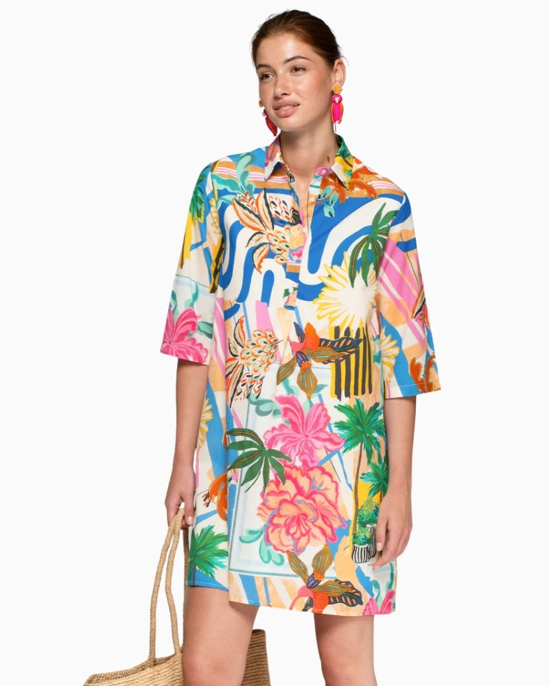 Vilagallo multicolored palm tree print short dress angled view on model