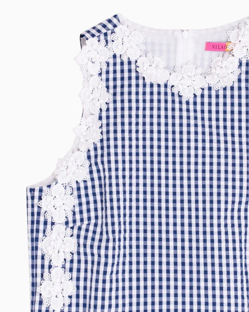 Vilagallo navy plaid sleeveless top with floral appliqué neckline detail