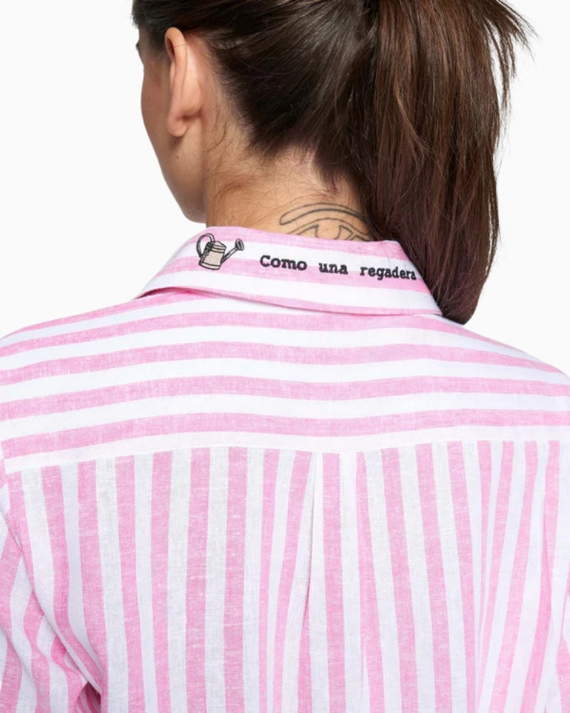 Vilagallo pink striped embroidered flower shirt back collar detail