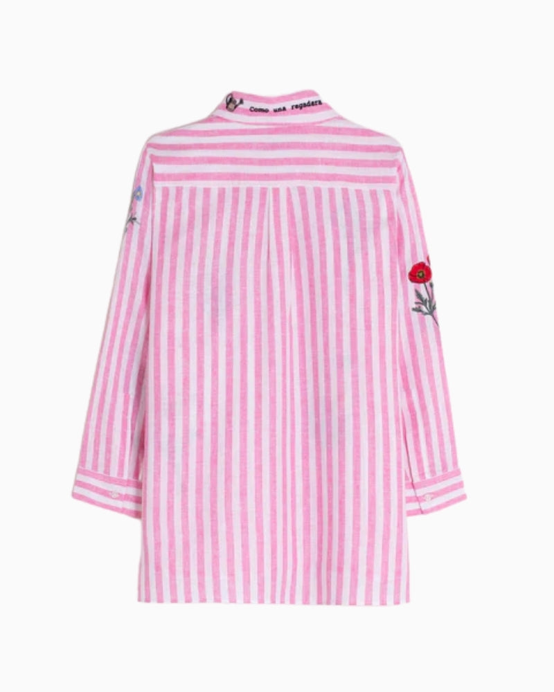Vilagallo pink striped embroidered flower shirt back flat lay