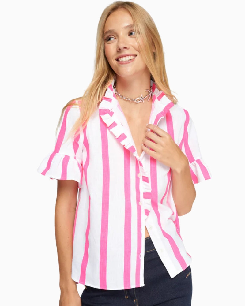 Vilagallo pink striped shirt with ruffle front view on model