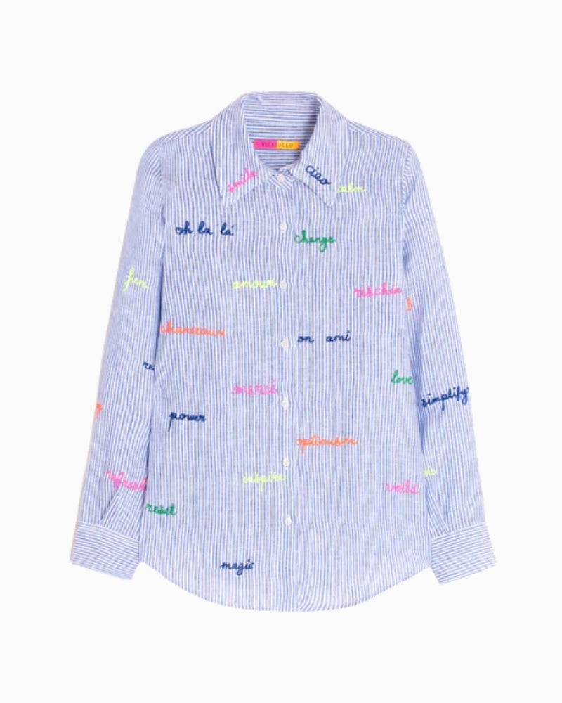 Vilagallo striped embroidered linen shirt light blue white front flat lay
