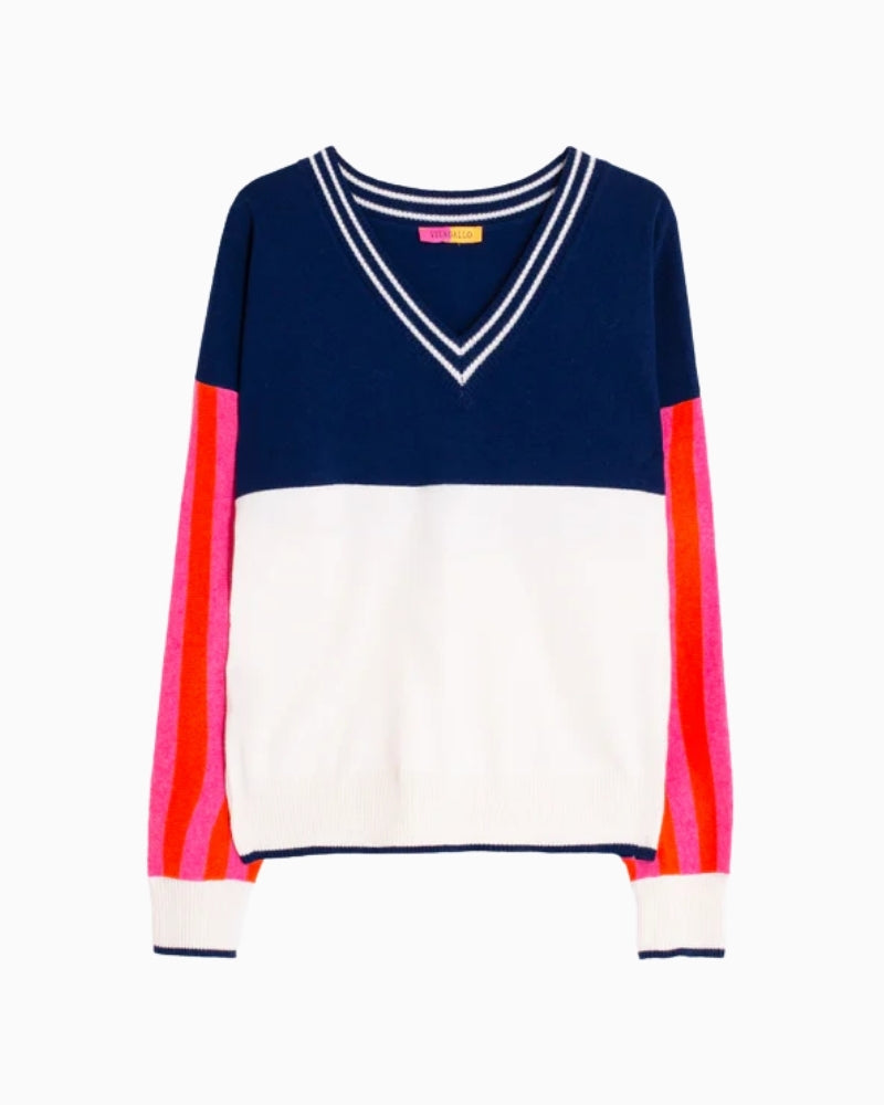 Vilagallo two-tone navy ecru sweater with V-neck front view