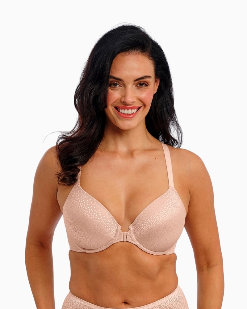 Close-up of dot jacquard fabric on supportive T-shirt bra with subtle sheen