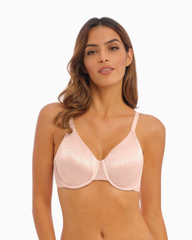 Front view of Wacoal Back Appeal underwire bra in Rose Dust with full coverage cups