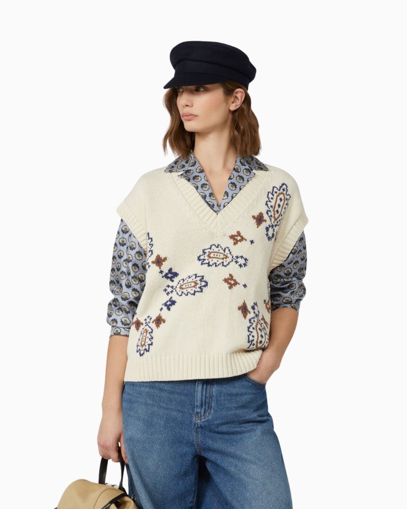 Ivory cotton-blend gilet by Weekend Max Mara with V-neck and textured front