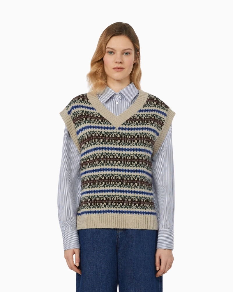 Front view of Weekend Max Mara Fleres jacquard knit gilet in ecru with V-neck and ribbed edges