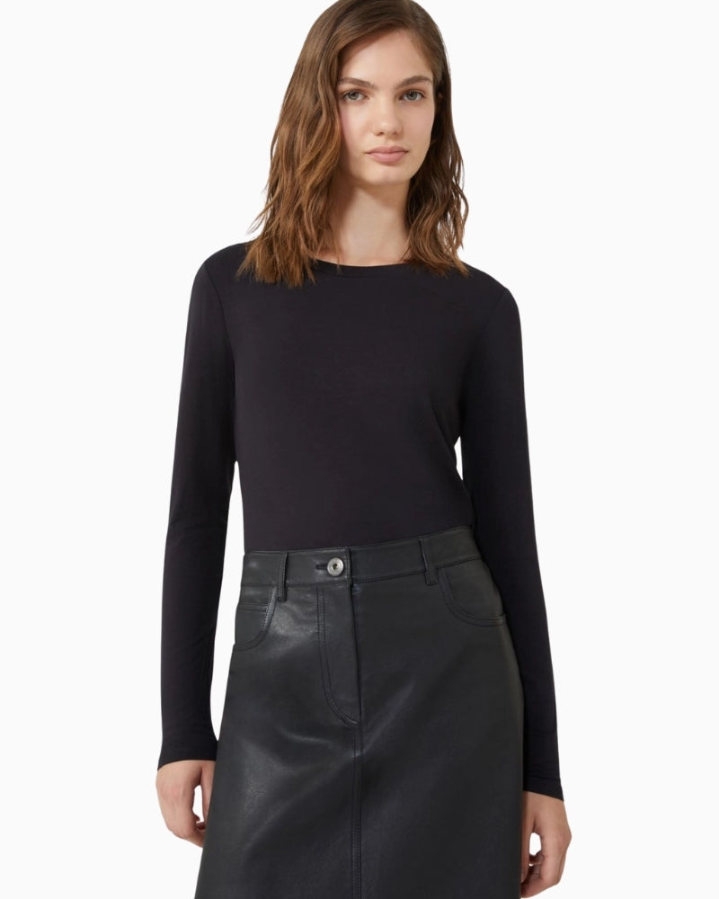 Close-up of neckline and jersey fabric texture on Multie T-shirt