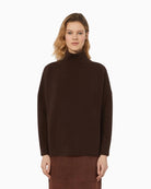 Front view of chocolate brown oversized wool turtleneck by Weekend Max Mara with ribbed edges and dropped shoulders
