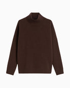Front view of chocolate brown oversized wool turtleneck by Weekend Max Mara with ribbed edges and dropped shoulders
