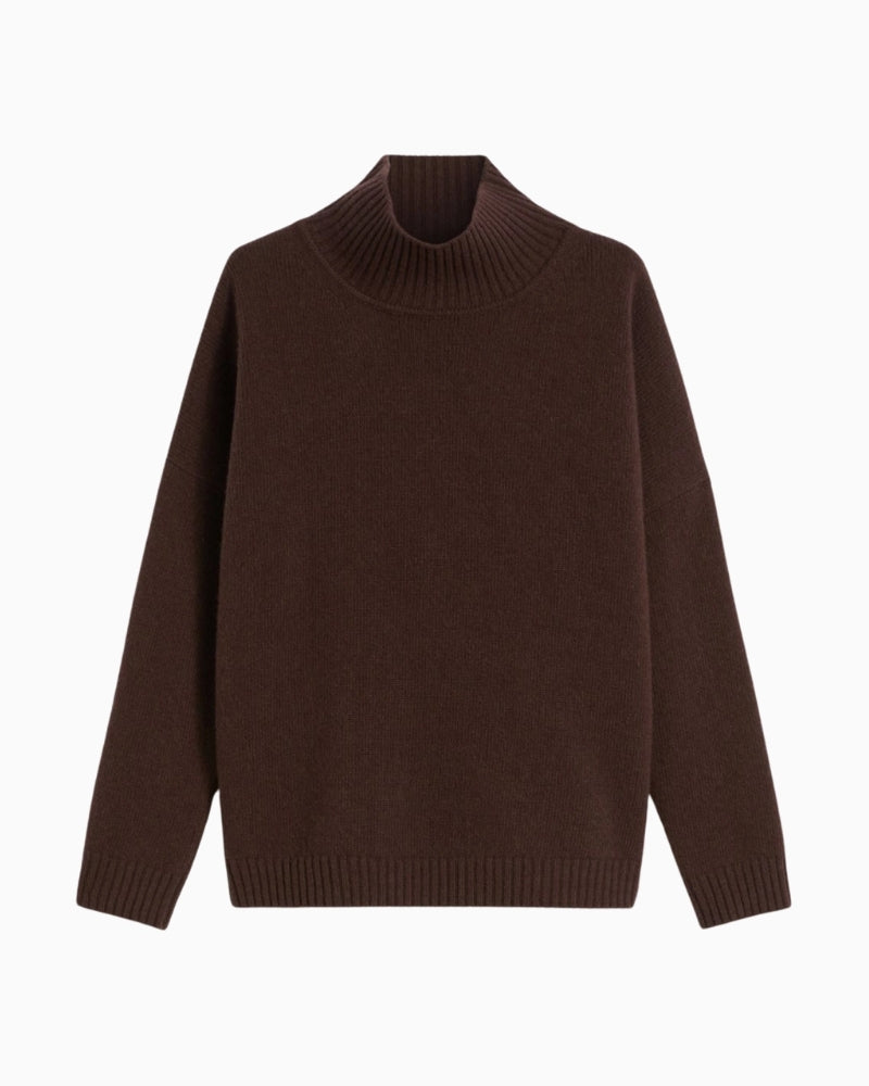 Front view of chocolate brown oversized wool turtleneck by Weekend Max Mara with ribbed edges and dropped shoulders