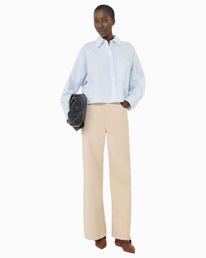 Weekend Max Mara Deden shirt light blue front view woman wearing – Áines Boutique