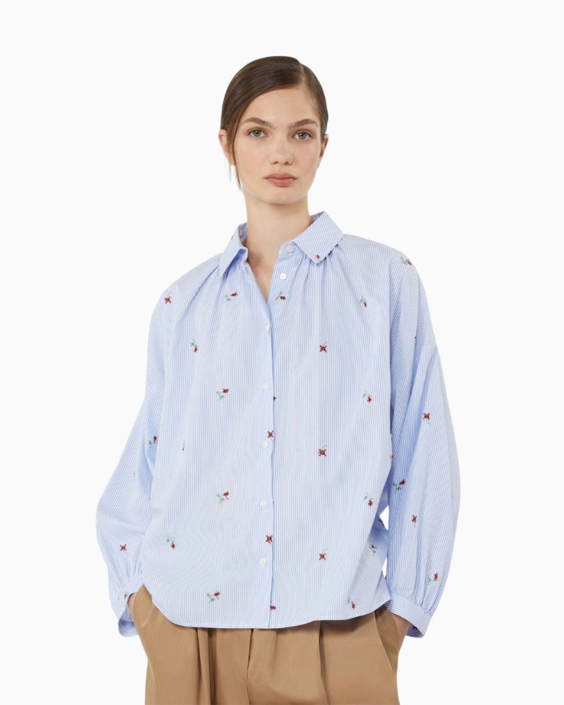 Weekend Max Mara light blue embroidered poplin shirt detail close-up – Áines Boutique