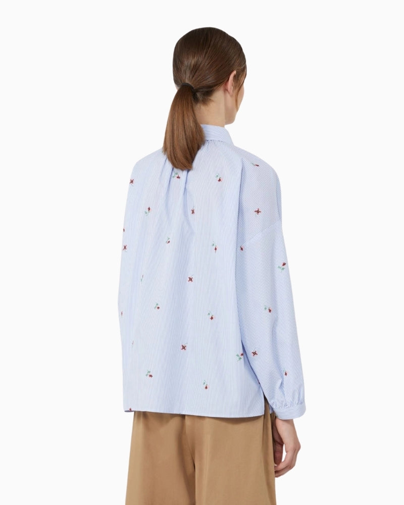 Weekend Max Mara poplin embroidered shirt light blue, woman wearing back view – Áines Boutique