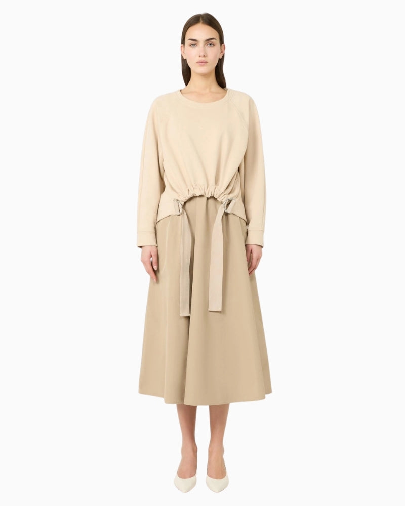 Weekend Max Mara technical fabric and cotton dress hazelnut brown, woman wearing front view – Áines Boutique